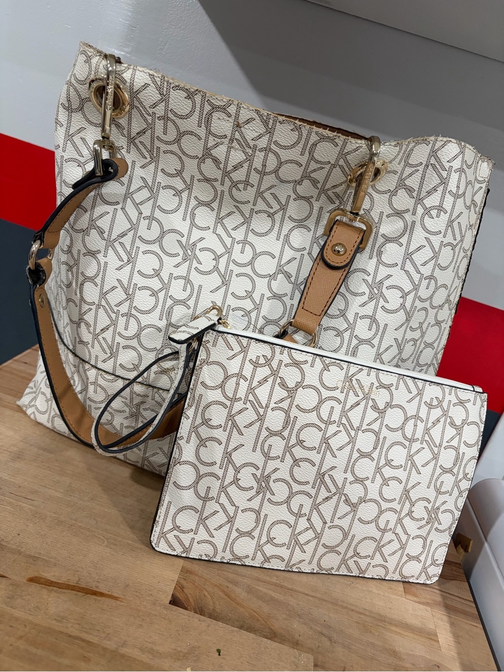 Calvin Klein Cream Logo Tote with Tan Accents and Pouch